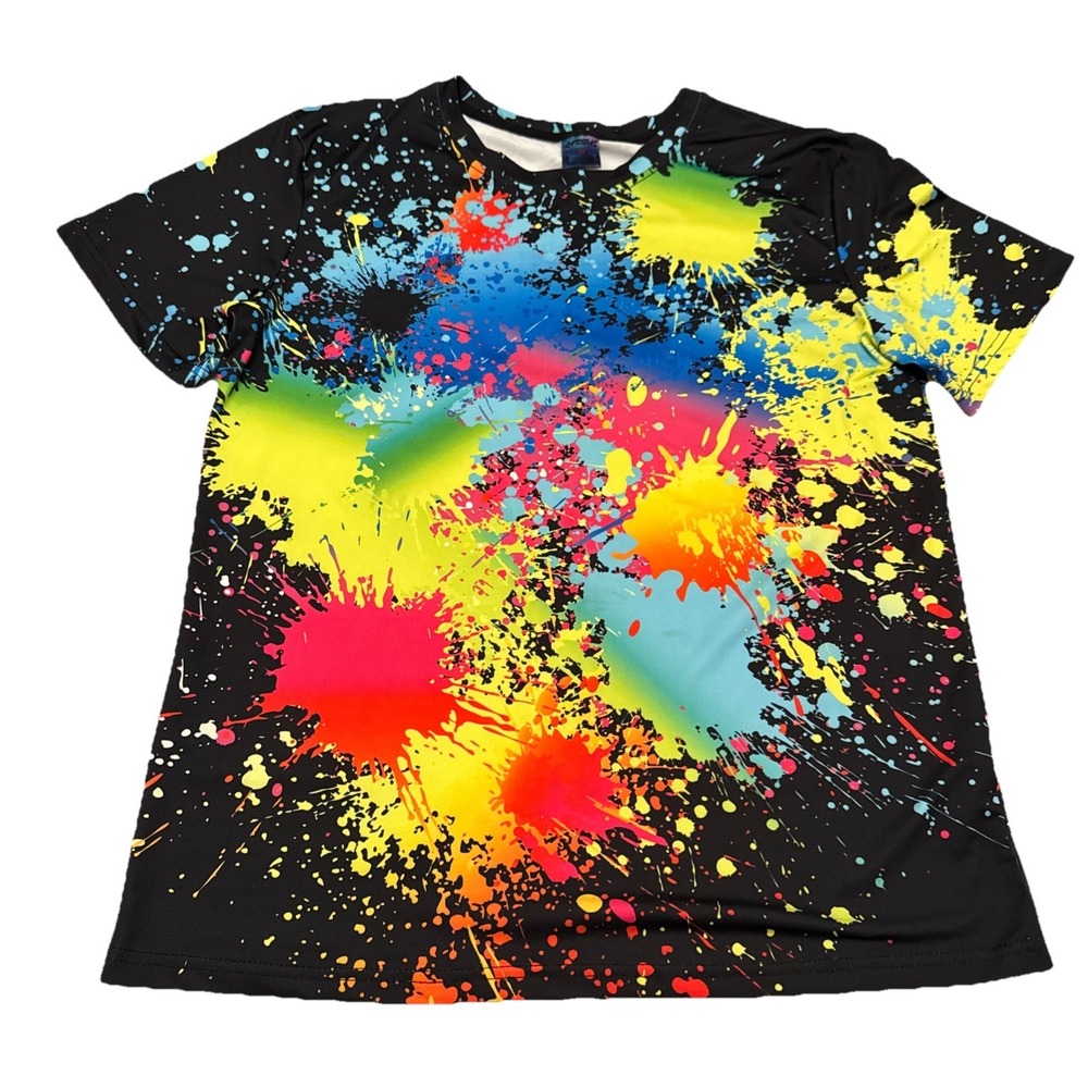 Lartipas‎ Mens Paint Splatter Graphic T-Shirt Black Neon Multi Color Size M